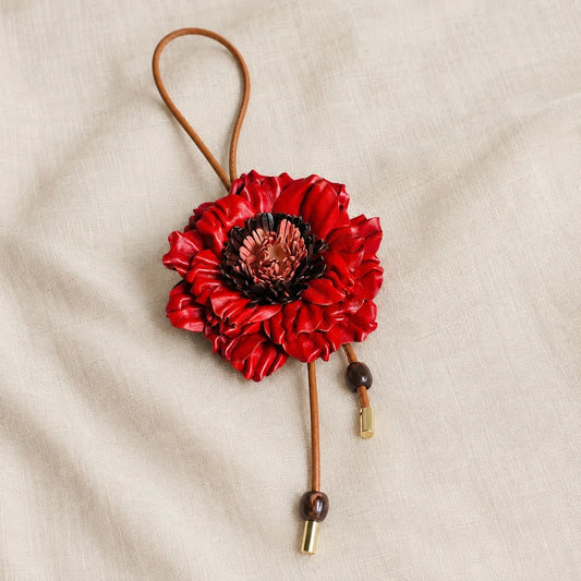 Handcrafted Sculptural Genuine Leather Floral Bag Charm with Layered Petals, Loop Strap, Beaded Cord Drops and Gold-Tone Tips for Totes and Handbags
