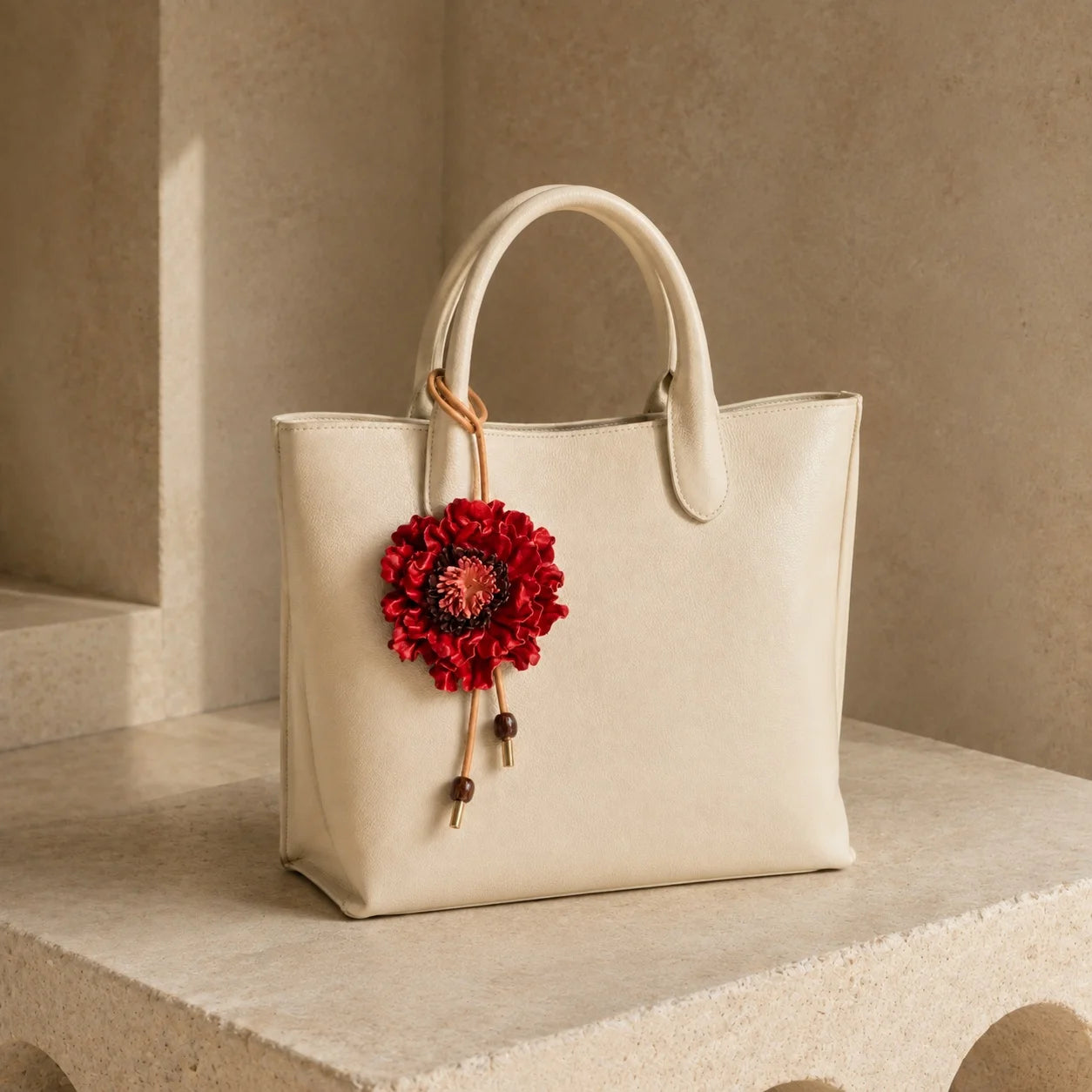 Handcrafted Sculptural Genuine Leather Floral Bag Charm with Layered Petals, Loop Strap, Beaded Cord Drops and Gold-Tone Tips for Totes and Handbags
