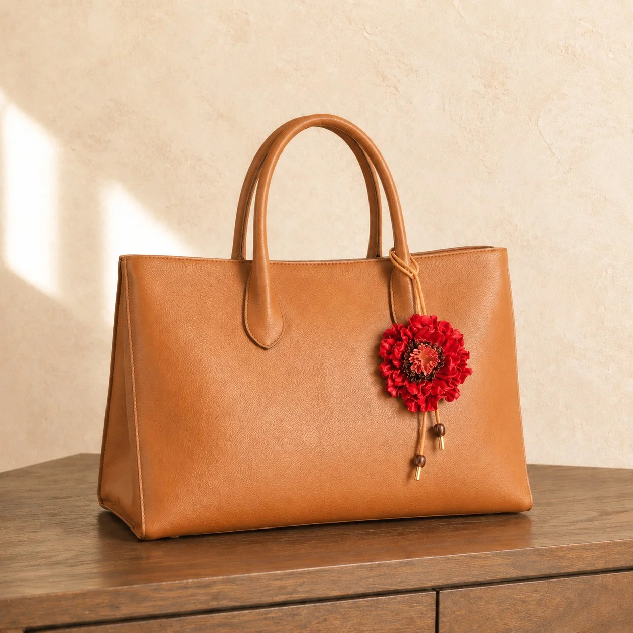 Handcrafted Sculptural Genuine Leather Floral Bag Charm with Layered Petals, Loop Strap, Beaded Cord Drops and Gold-Tone Tips for Totes and Handbags