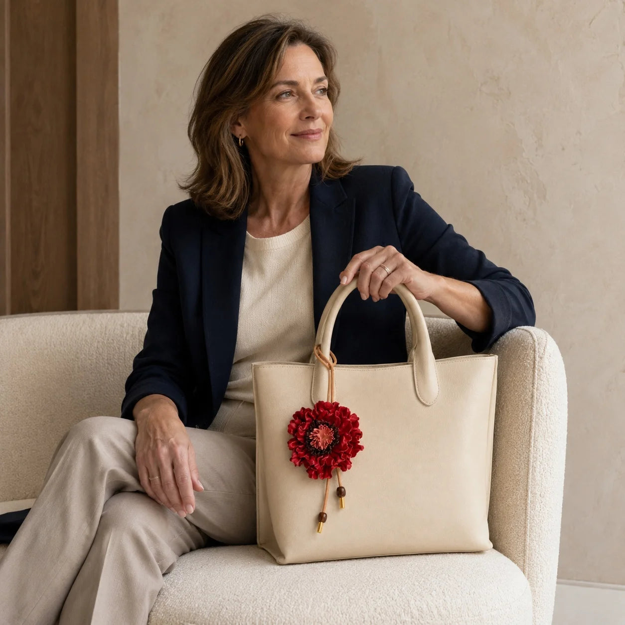 Handcrafted Sculptural Genuine Leather Floral Bag Charm with Layered Petals, Loop Strap, Beaded Cord Drops and Gold-Tone Tips for Totes and Handbags