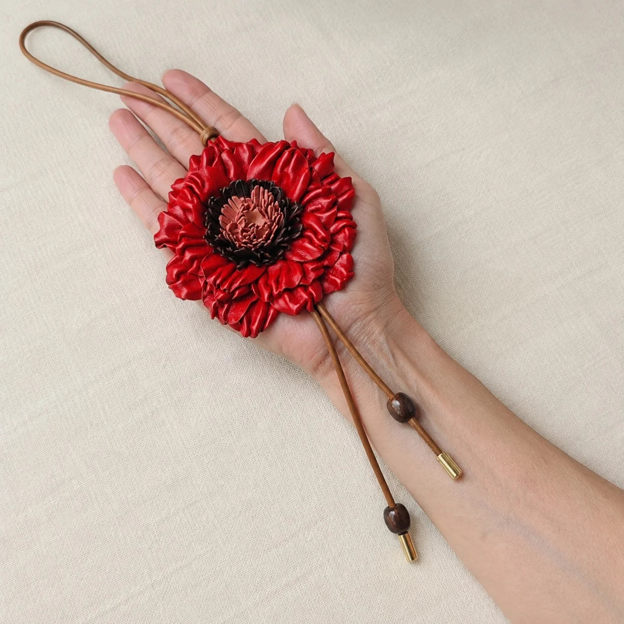 Handcrafted Sculptural Genuine Leather Floral Bag Charm with Layered Petals, Loop Strap, Beaded Cord Drops and Gold-Tone Tips for Totes and Handbags