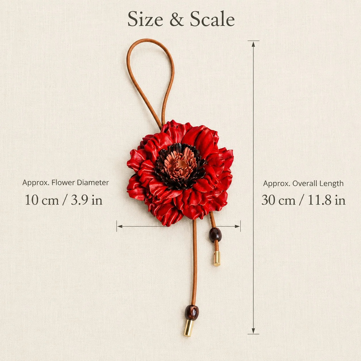 Handcrafted Sculptural Genuine Leather Floral Bag Charm with Layered Petals, Loop Strap, Beaded Cord Drops and Gold-Tone Tips for Totes and Handbags