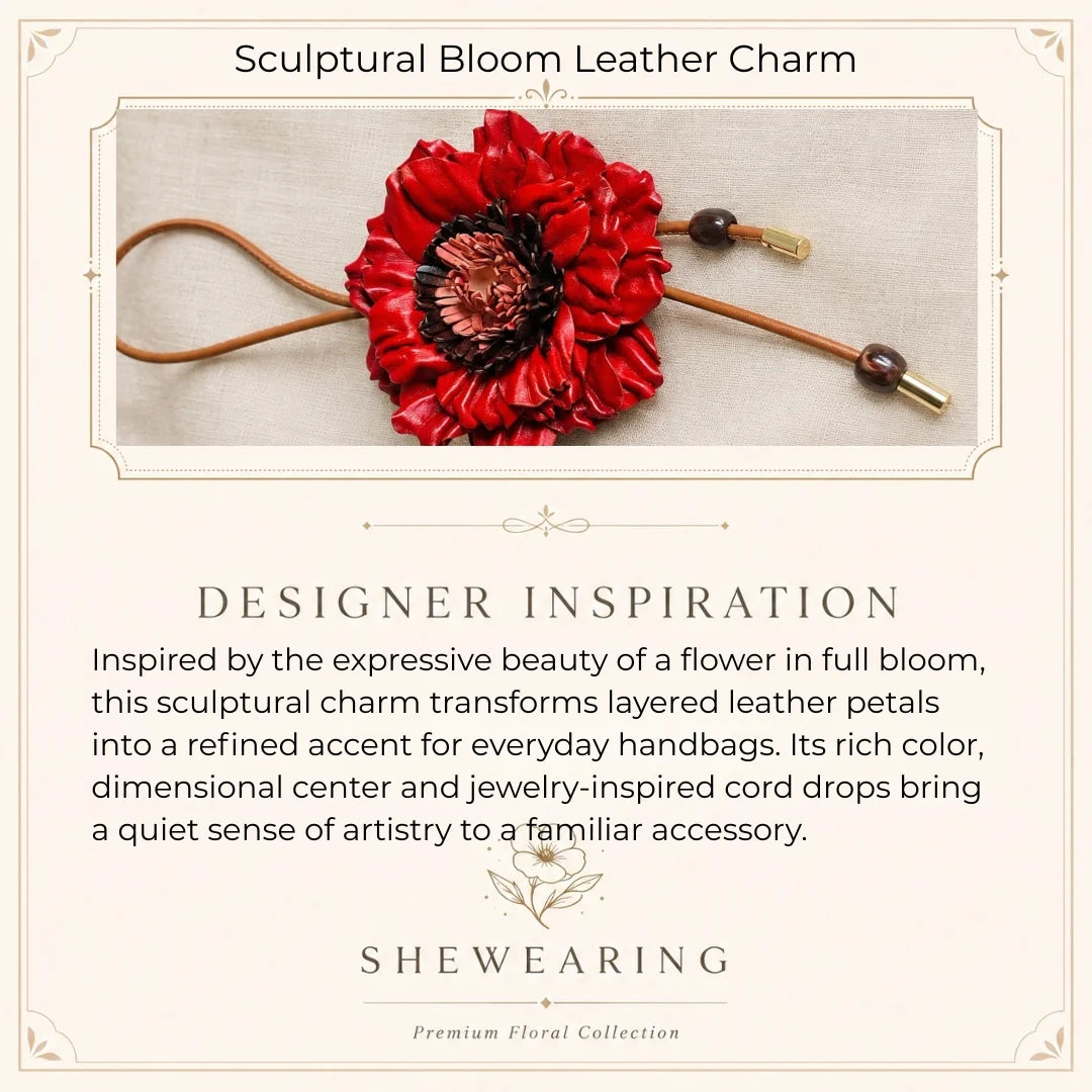 Handcrafted Sculptural Genuine Leather Floral Bag Charm with Layered Petals, Loop Strap, Beaded Cord Drops and Gold-Tone Tips for Totes and Handbags