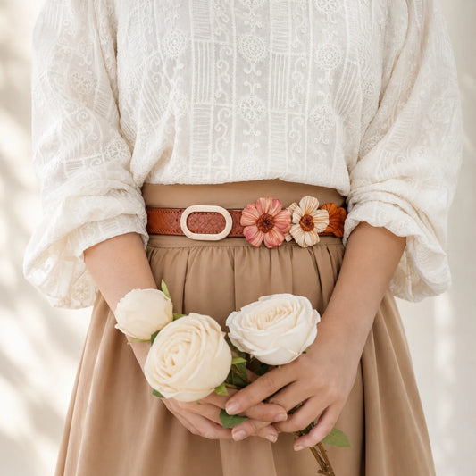 Woodland Daisy Bloom Leather Floral Waist Belt – Handcrafted Vegetable-Tanned Cowhide Flower Belt for Dresses, Skirts & Light Outerwear
