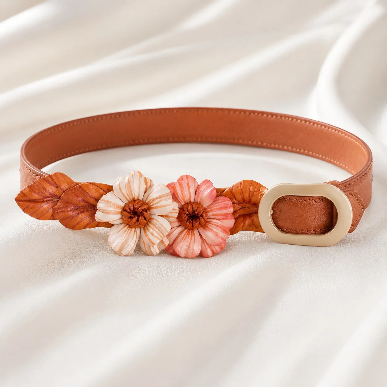 Woodland Daisy Bloom Leather Floral Waist Belt – Handcrafted Vegetable-Tanned Cowhide Flower Belt for Dresses, Skirts & Light Outerwear