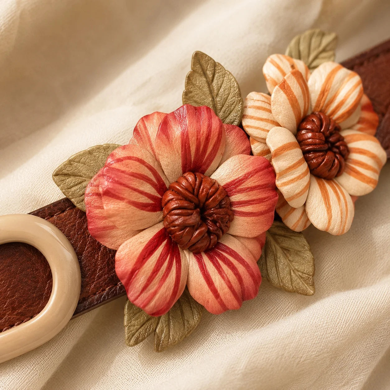 Woodland Daisy Bloom Leather Floral Waist Belt – Handcrafted Vegetable-Tanned Cowhide Flower Belt for Dresses, Skirts & Light Outerwear