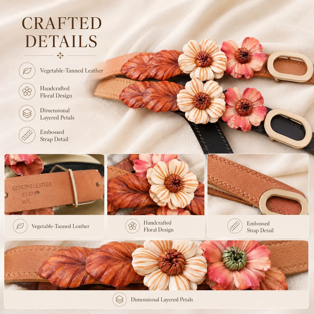 Woodland Daisy Bloom Leather Floral Waist Belt – Handcrafted Vegetable-Tanned Cowhide Flower Belt for Dresses, Skirts & Light Outerwear