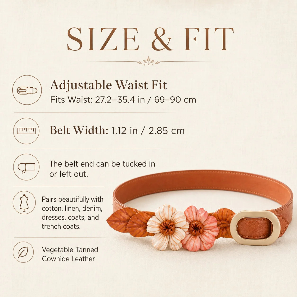 Woodland Daisy Bloom Leather Floral Waist Belt – Handcrafted Vegetable-Tanned Cowhide Flower Belt for Dresses, Skirts & Light Outerwear