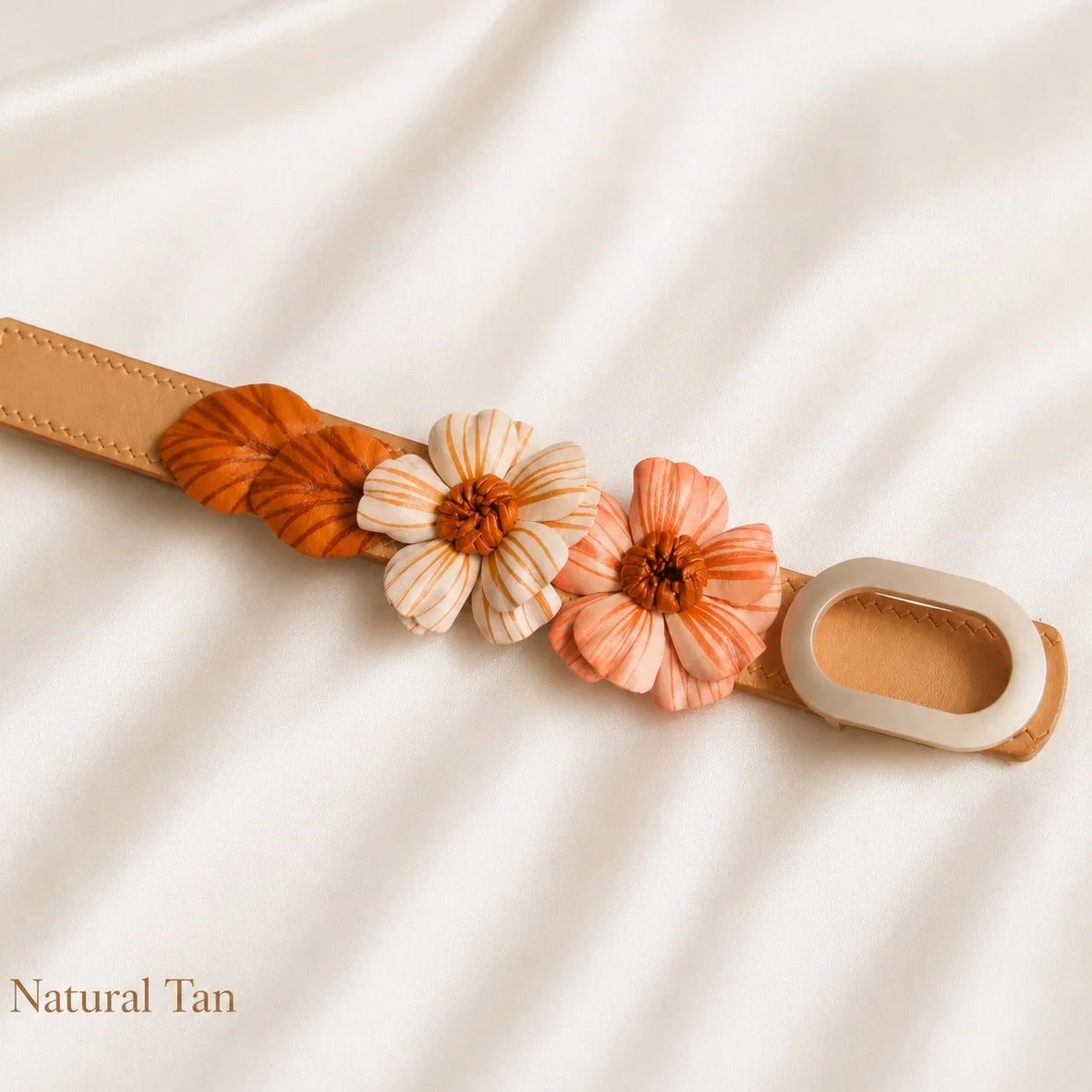 Woodland Daisy Bloom Leather Floral Waist Belt – Handcrafted Vegetable-Tanned Cowhide Flower Belt for Dresses, Skirts & Light Outerwear
