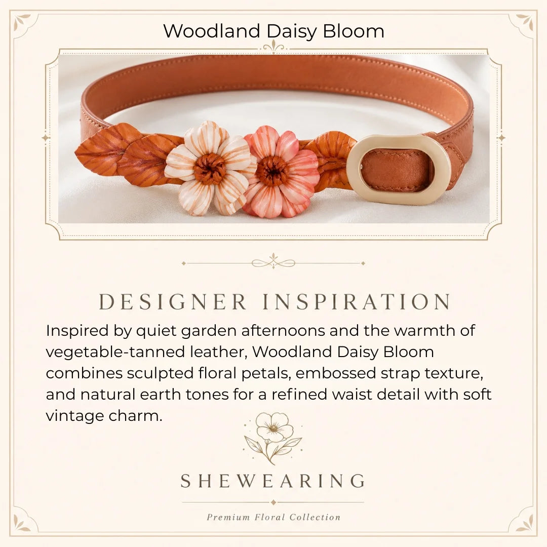 Woodland Daisy Bloom Leather Floral Waist Belt – Handcrafted Vegetable-Tanned Cowhide Flower Belt for Dresses, Skirts & Light Outerwear