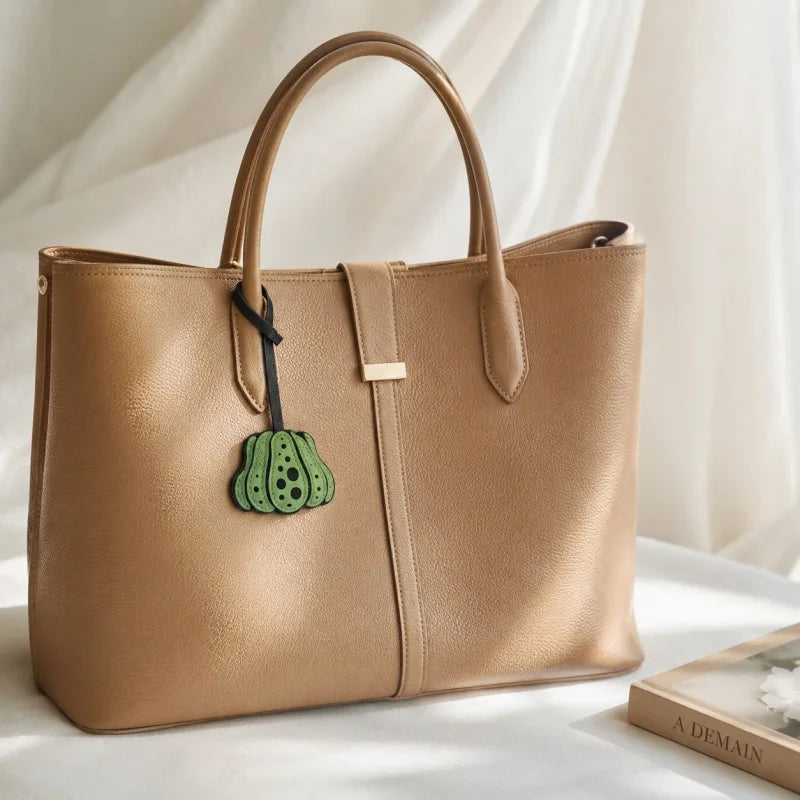 Dije de cuero con forma de calabaza para bolso – Llavero artesanal de fabricación lenta | Accesorio de inspiración otoñal | Precioso colgante de regalo en 3 colores