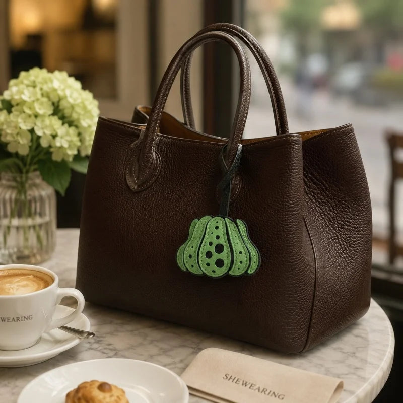 Dije de cuero con forma de calabaza para bolso – Llavero artesanal de fabricación lenta | Accesorio de inspiración otoñal | Precioso colgante de regalo en 3 colores