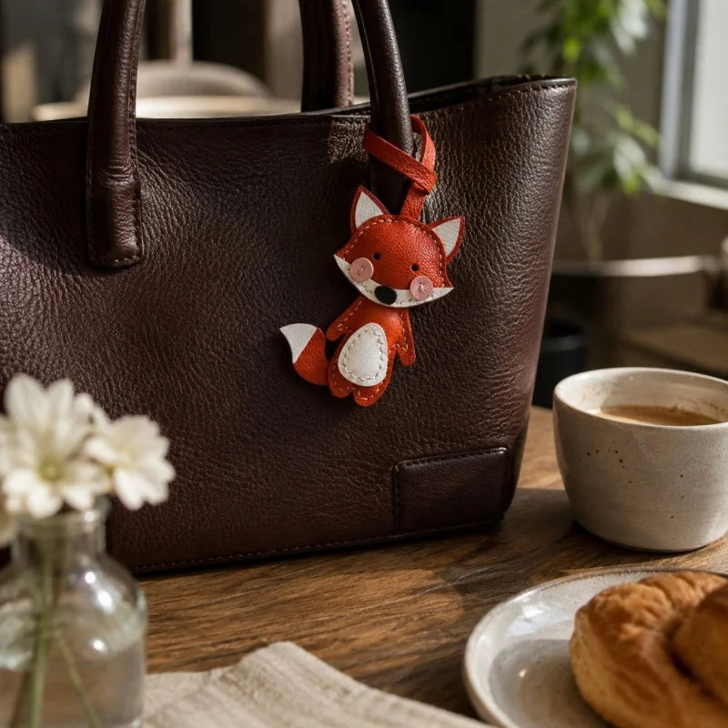 Whimsical Fox Leather Bag Charm – Handmade Full-Grain Lambskin Keychain | Playful Animal Pendant | Cute Gift for Handbags & Backpacks