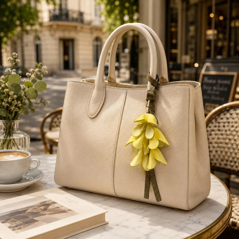 Dije de flor de osmanto dorado – Colgante floral de piel de vaca de grano completo hecho a mano | Llavero con flores 3D realistas para decorar tu bolso con elegancia