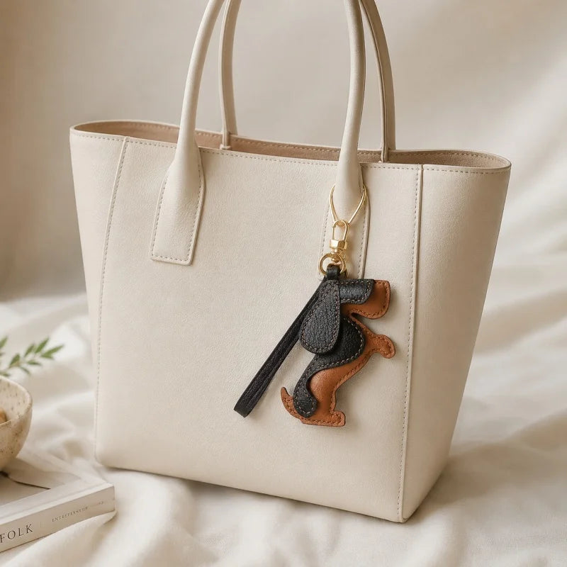 Dije de piel de Basset Hound para bolso – Colgante hecho a mano de piel de cordero plena flor | Llavero de perro de orejas largas | Regalo artesanal para amantes de las mascotas
