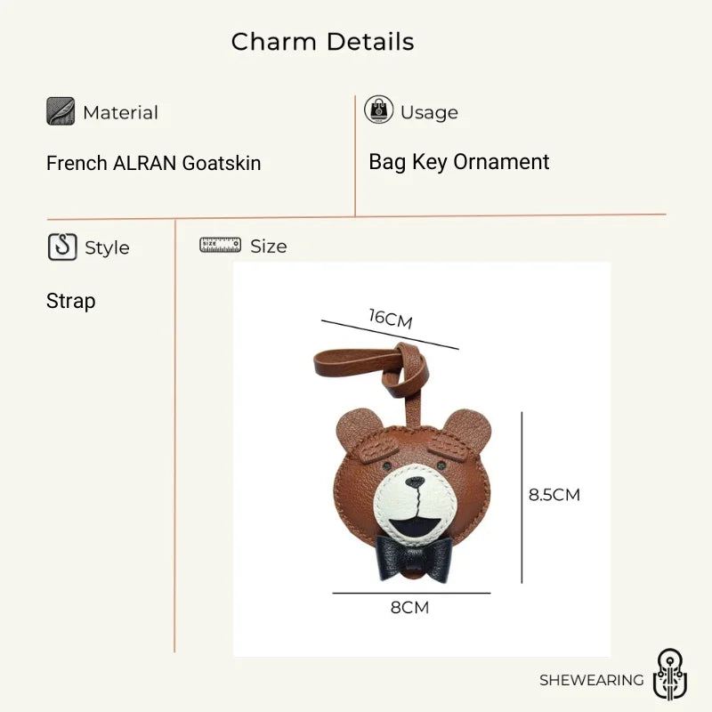 Teddy Bear Leather Bag Charm – Handcrafted Full-Grain Lambskin Pendant with Bow Tie | Premium Stitching | Elegant and Playful Gift for Her