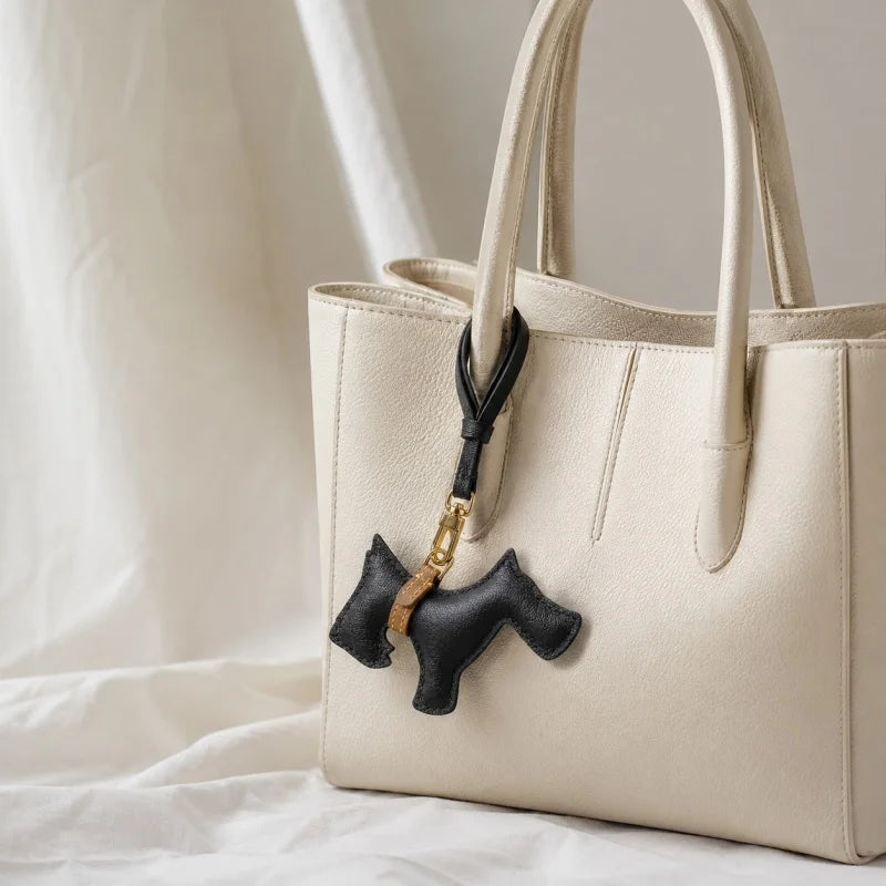 Charm de cuero para bolso inspirado en un Schnauzer – Llavero de piel de cordero negra hecho a mano | Colgante minimalista de cachorro | Pequeño regalo para amantes de los perros
