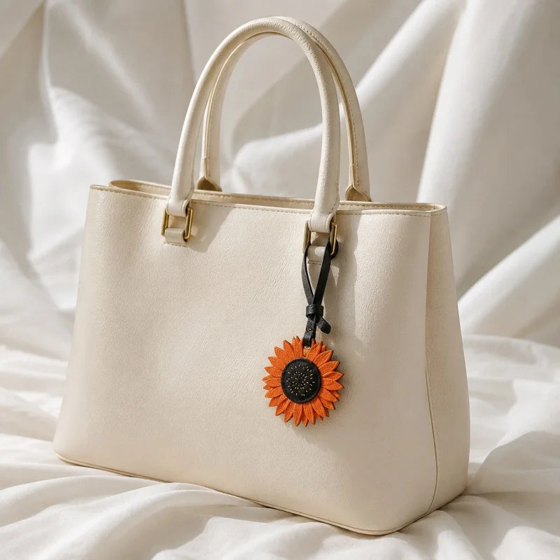 Dije de girasol para bolso de piel de vaca de plena flor hecho a mano | Llavero floral artesanal | Decoración y regalo único para bolso