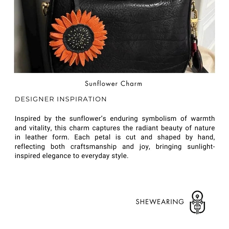 Handmade Sunflower Leather Bag Charm – Designer Full-Grain Cowhide Pendant | Artisan Floral Keychain | Unique Handbag Decoration & Gift