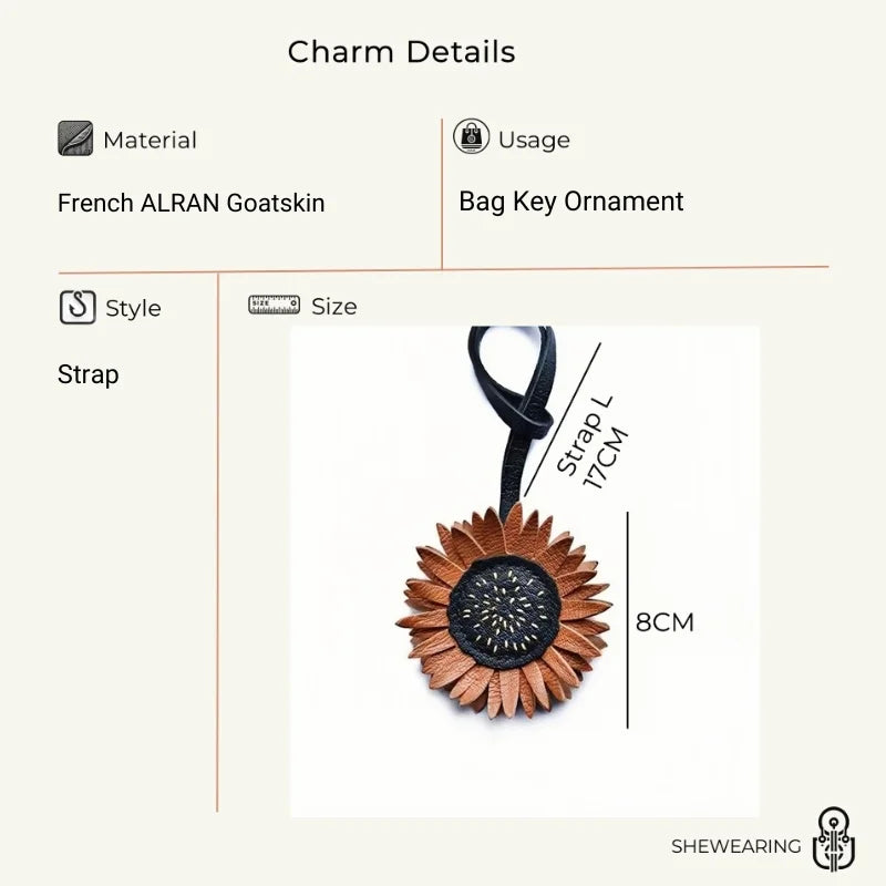 Handmade Sunflower Leather Bag Charm – Designer Full-Grain Cowhide Pendant | Artisan Floral Keychain | Unique Handbag Decoration & Gift