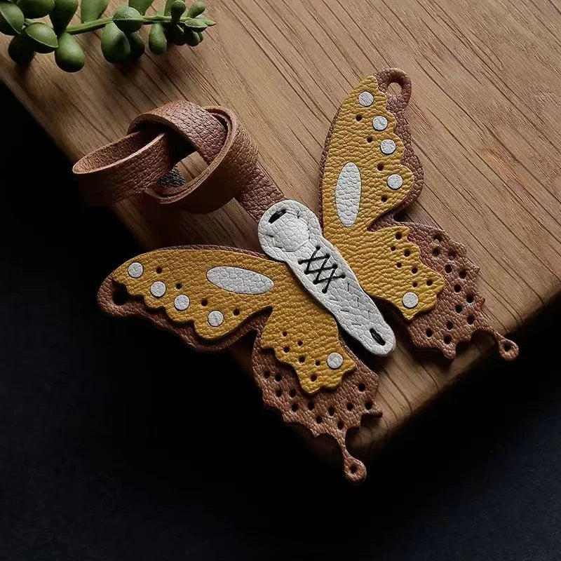Handmade Leather Butterfly Bag Charm – Artisan Sheepskin Pendant & Keychain | Intricate Cutout Design | Luxury Handbag Accessory & Couple Gift