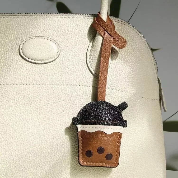 Bubble Tea Cup Leather Bag Charm – Handmade Full-Grain Sheepskin Keychain | Cute Boba Drink Pendant | Creative Accessory for Handbags & Keys