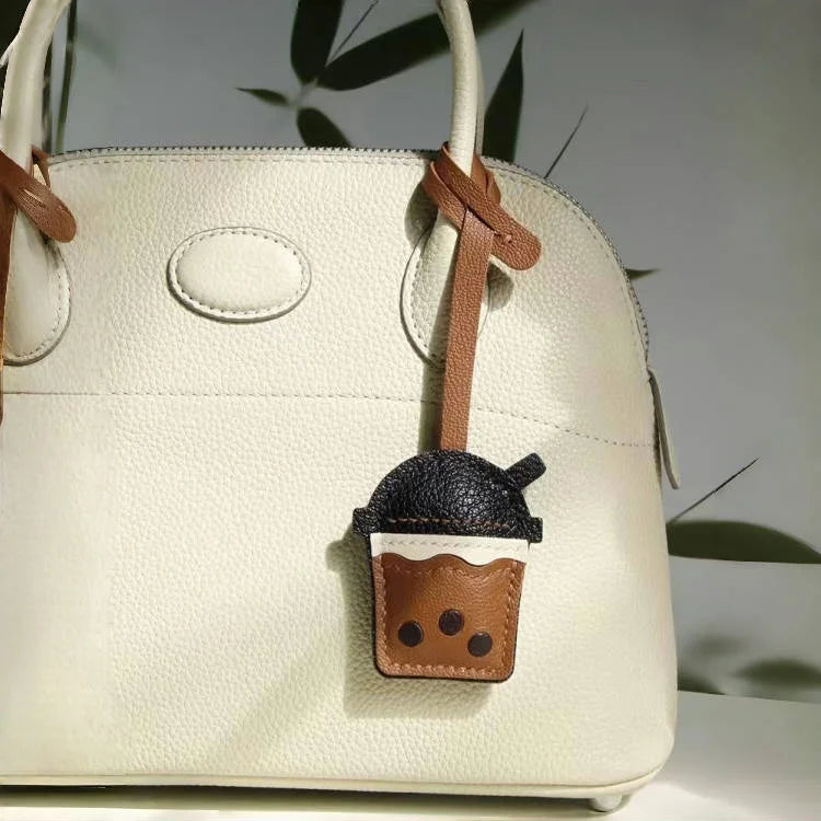 Bubble Tea Cup Leather Bag Charm – Handmade Full-Grain Sheepskin Keychain | Cute Boba Drink Pendant | Creative Accessory for Handbags & Keys