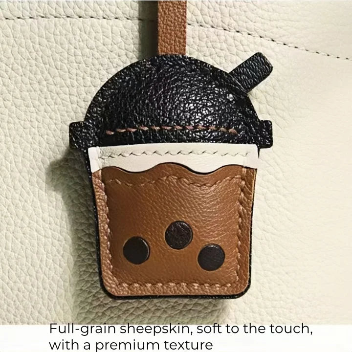 Bubble Tea Cup Leather Bag Charm – Handmade Full-Grain Sheepskin Keychain | Cute Boba Drink Pendant | Creative Accessory for Handbags & Keys