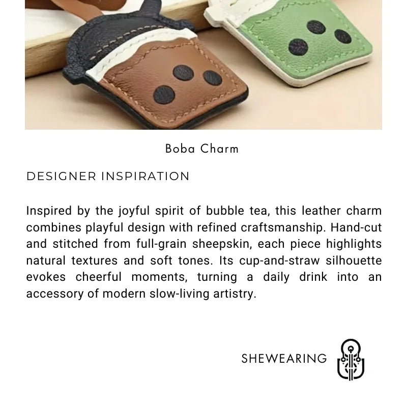 Bubble Tea Cup Leather Bag Charm – Handmade Full-Grain Sheepskin Keychain | Cute Boba Drink Pendant | Creative Accessory for Handbags & Keys
