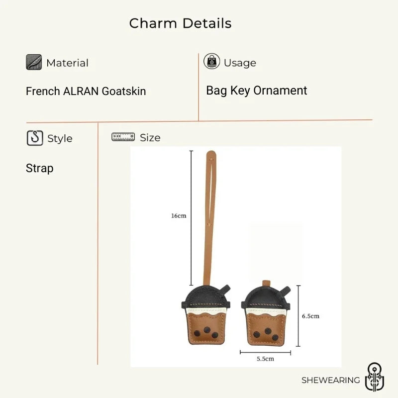 Bubble Tea Cup Leather Bag Charm – Handmade Full-Grain Sheepskin Keychain | Cute Boba Drink Pendant | Creative Accessory for Handbags & Keys