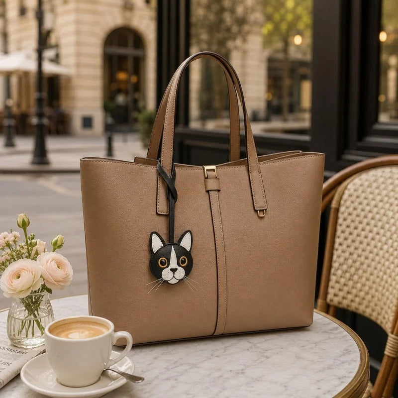 Black and White Cat Leather Bag Charm – Handmade Lambskin Pendant | Cute Cat Face Keychain | Whisker-Inspired Accessory & Gift for Women