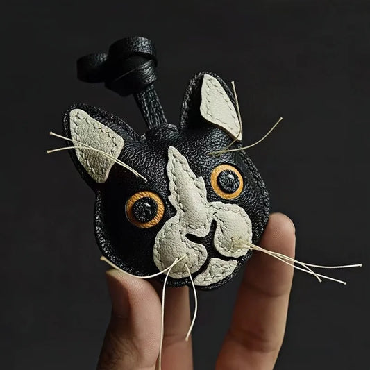 Black and White Cat Leather Bag Charm – Handmade Lambskin Pendant | Cute Cat Face Keychain | Whisker-Inspired Accessory & Gift for Women