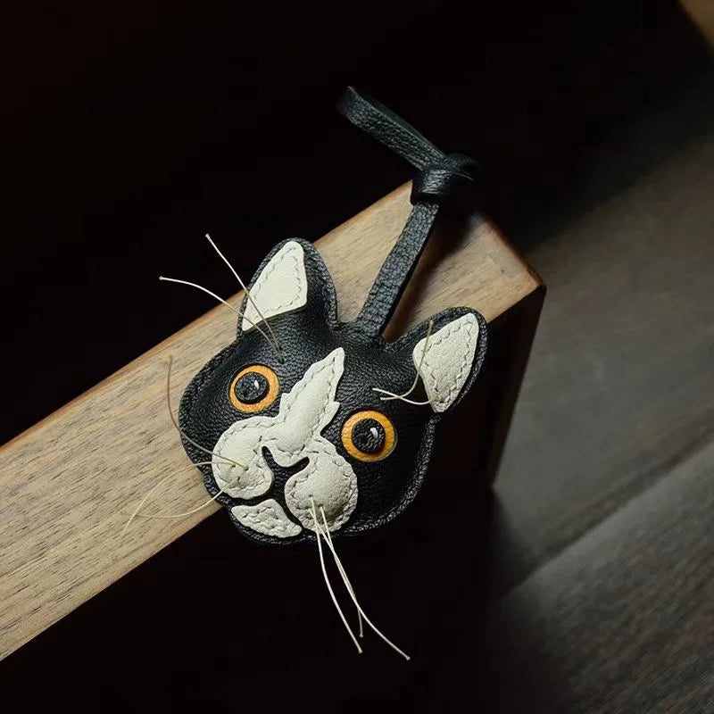 Black and White Cat Leather Bag Charm – Handmade Lambskin Pendant | Cute Cat Face Keychain | Whisker-Inspired Accessory & Gift for Women