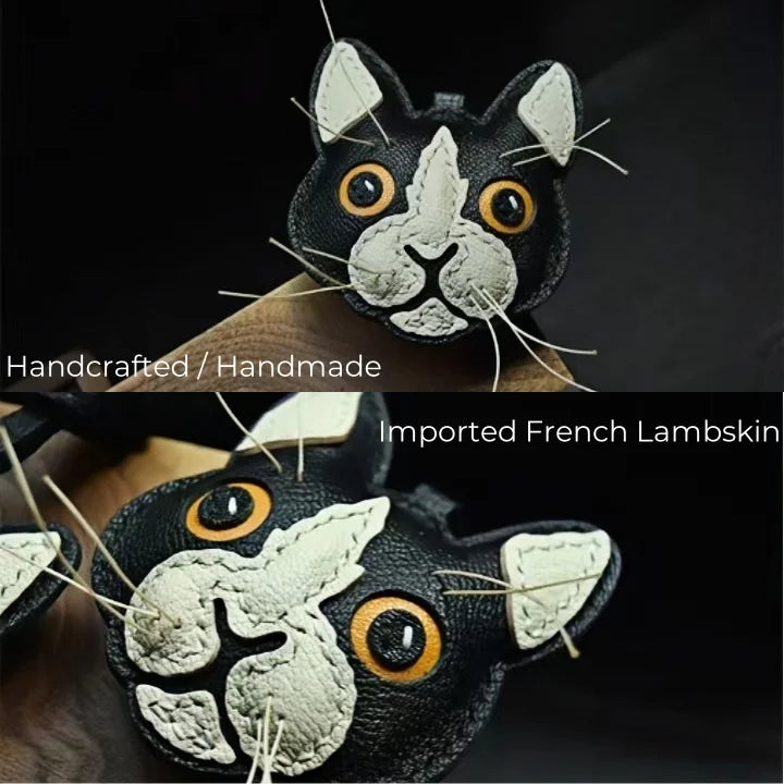 Black and White Cat Leather Bag Charm – Handmade Lambskin Pendant | Cute Cat Face Keychain | Whisker-Inspired Accessory & Gift for Women