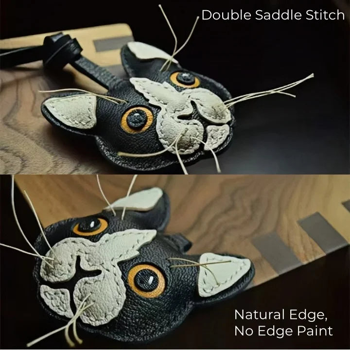Black and White Cat Leather Bag Charm – Handmade Lambskin Pendant | Cute Cat Face Keychain | Whisker-Inspired Accessory & Gift for Women
