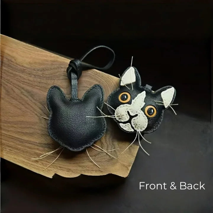 Black and White Cat Leather Bag Charm – Handmade Lambskin Pendant | Cute Cat Face Keychain | Whisker-Inspired Accessory & Gift for Women