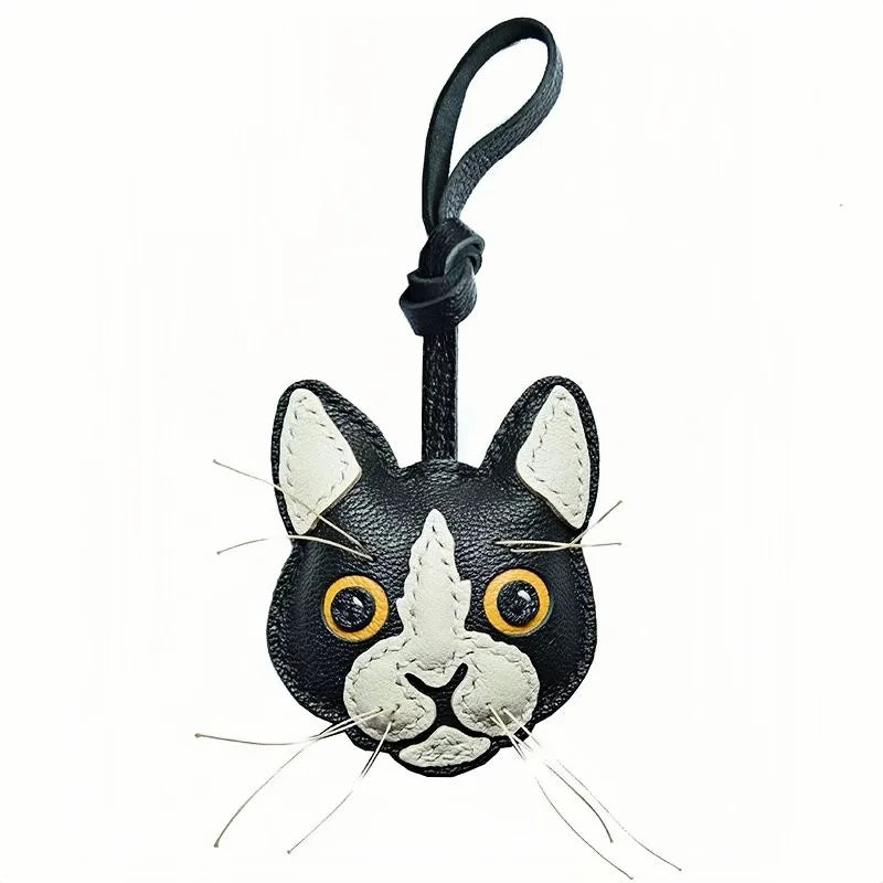 Black and White Cat Leather Bag Charm – Handmade Lambskin Pendant | Cute Cat Face Keychain | Whisker-Inspired Accessory & Gift for Women