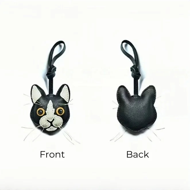 Black and White Cat Leather Bag Charm – Handmade Lambskin Pendant | Cute Cat Face Keychain | Whisker-Inspired Accessory & Gift for Women