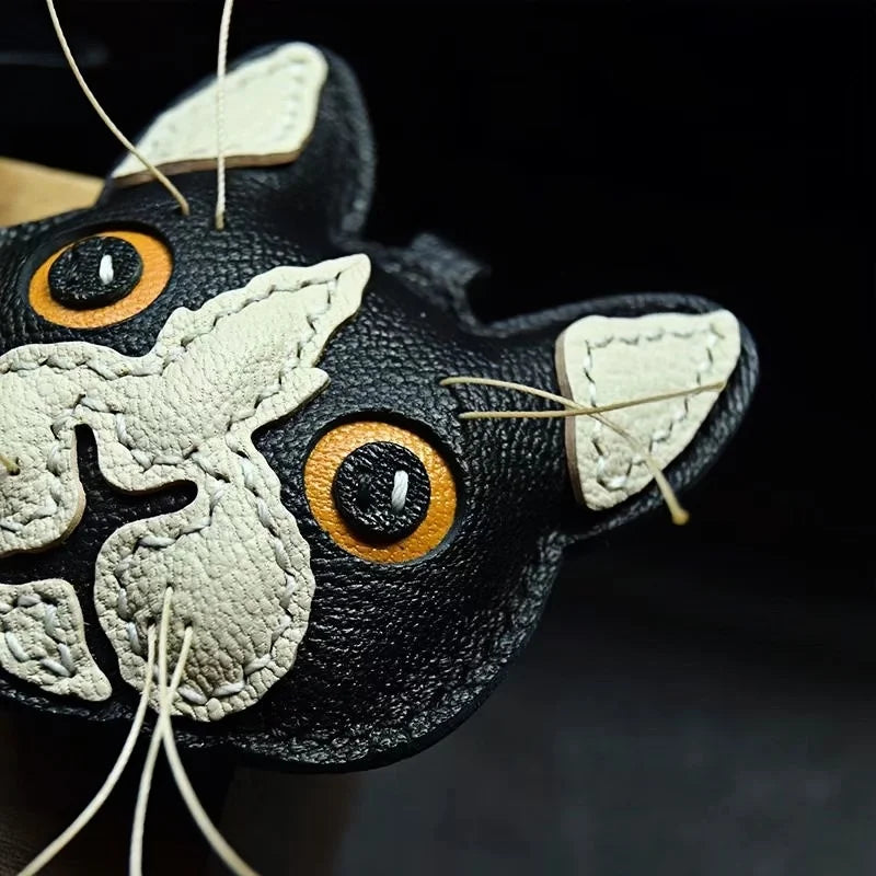 Black and White Cat Leather Bag Charm – Handmade Lambskin Pendant | Cute Cat Face Keychain | Whisker-Inspired Accessory & Gift for Women