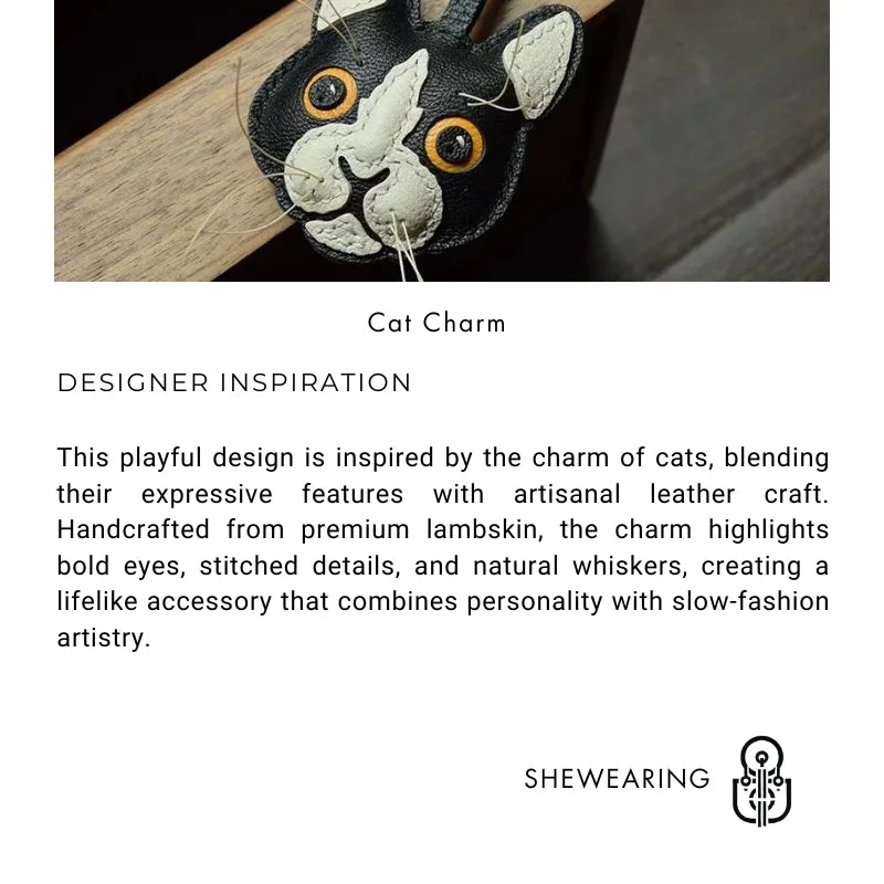 Black and White Cat Leather Bag Charm – Handmade Lambskin Pendant | Cute Cat Face Keychain | Whisker-Inspired Accessory & Gift for Women
