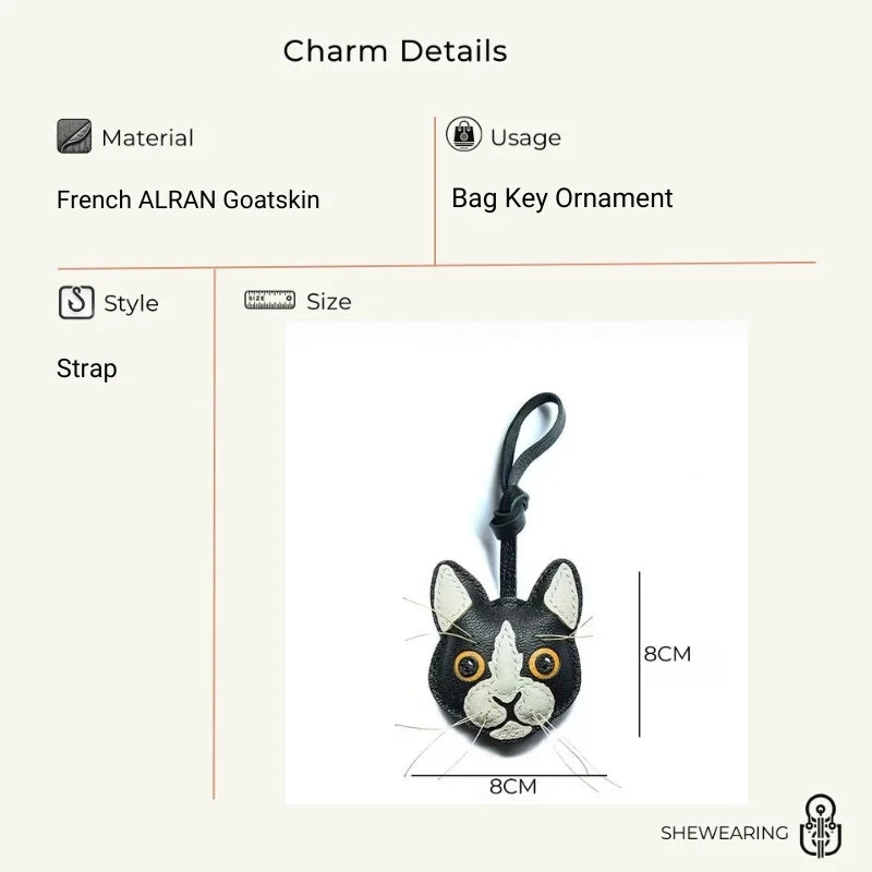 Black and White Cat Leather Bag Charm – Handmade Lambskin Pendant | Cute Cat Face Keychain | Whisker-Inspired Accessory & Gift for Women