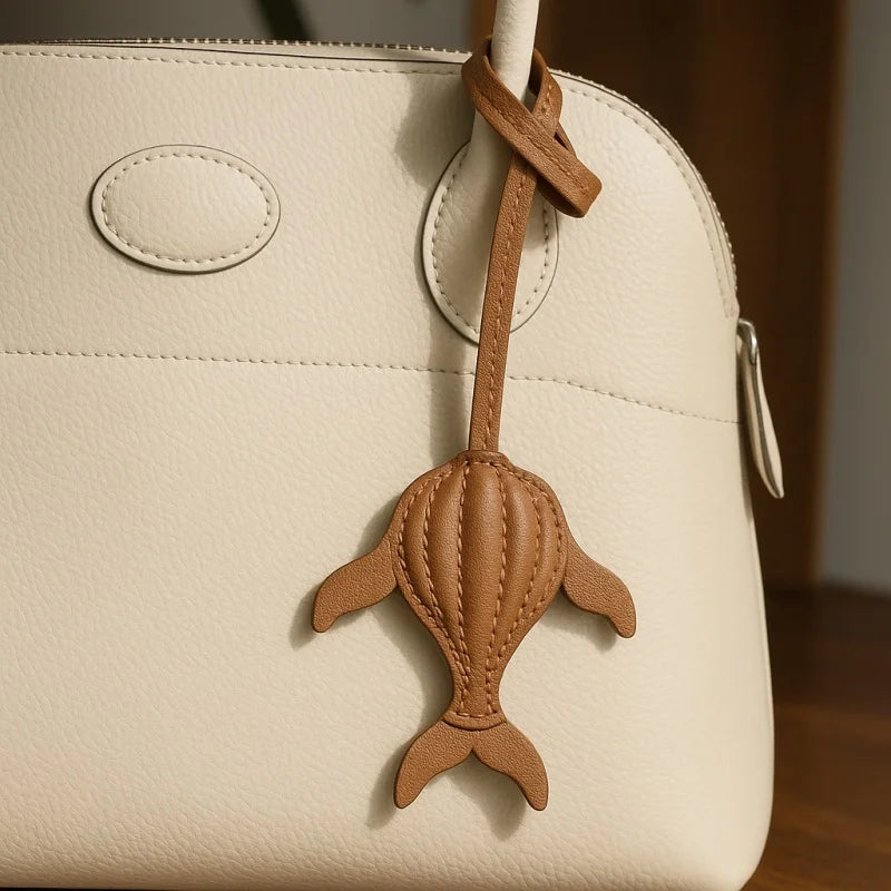 Minimalist Whale Leather Bag Charm – Handmade Full-Grain Leather Pendant | Ocean-Inspired Keychain Accessory | Elegant Gift for Women