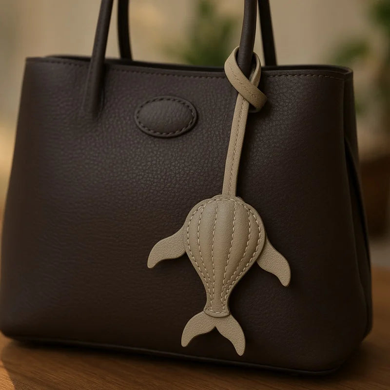 Minimalist Whale Leather Bag Charm – Handmade Full-Grain Leather Pendant | Ocean-Inspired Keychain Accessory | Elegant Gift for Women