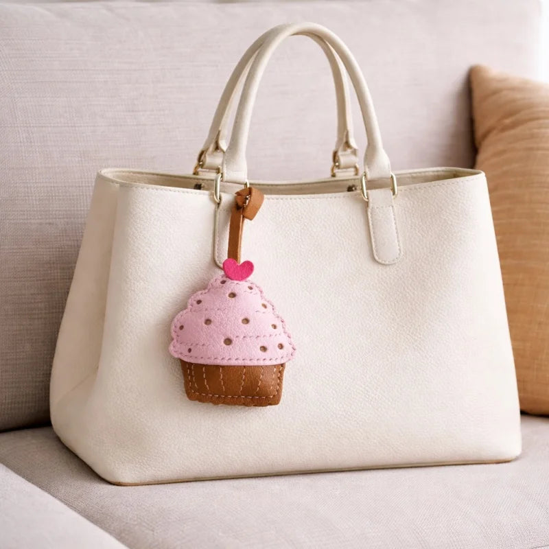 Handmade Leather Cupcake Bag Charm – Handcrafted Genuine Leather Pendant & Keychain | Cute Artistic Accessory for Handbags | Thoughtful Gift for Her