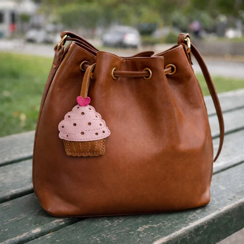 Handmade Leather Cupcake Bag Charm – Handcrafted Genuine Leather Pendant & Keychain | Cute Artistic Accessory for Handbags | Thoughtful Gift for Her