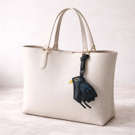Handcrafted Black Bird Leather Bag Charm – Handmade Leather Keychain with Embroidered Details | Minimalist Art-Inspired Accessory | Unique Designer Gift for Her