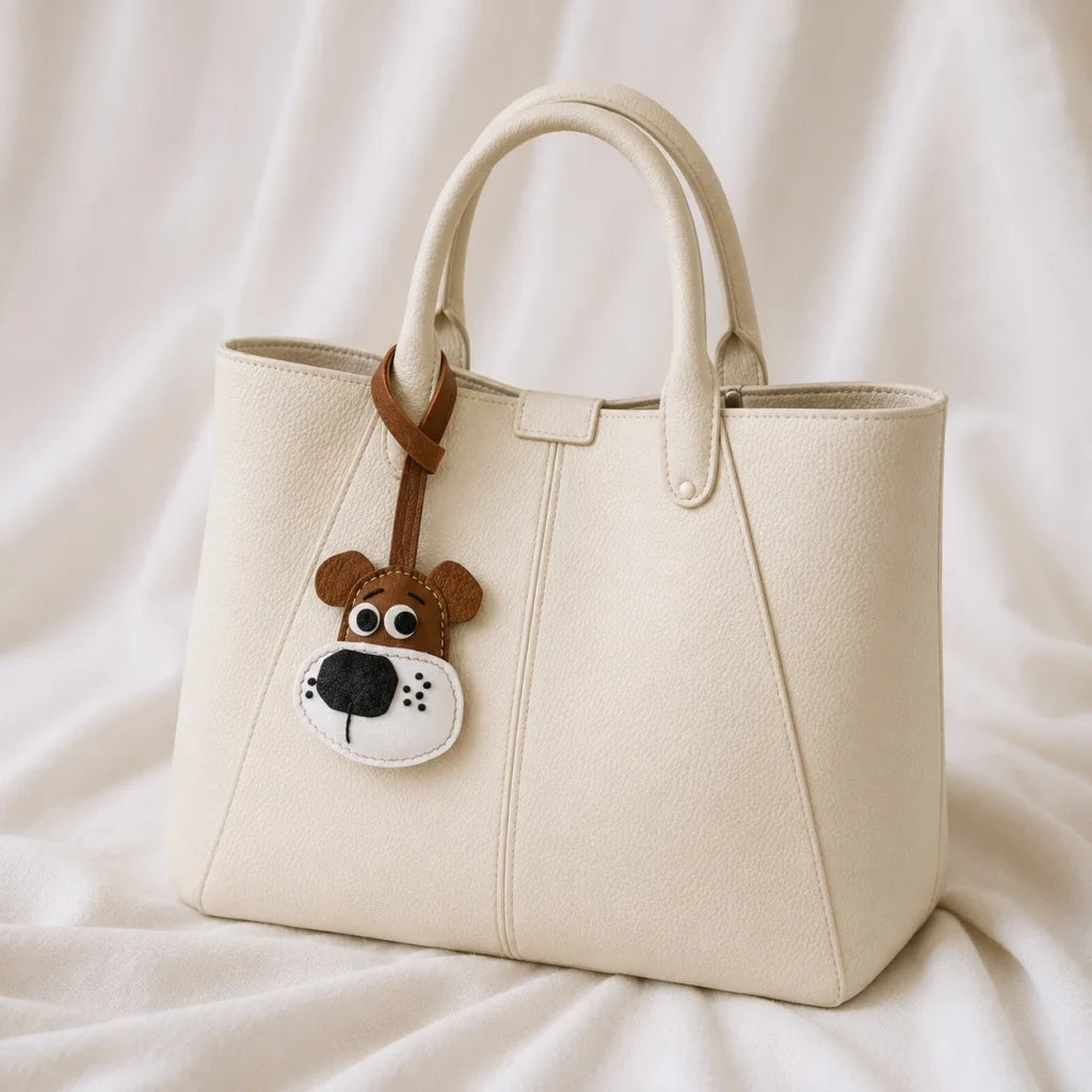Dije y llavero de cuero hecho a mano con forma de cachorro para bolso – Precioso colgante artesanal con cara de perro | Accesorio de cuero para bolso | Regalo para ella
