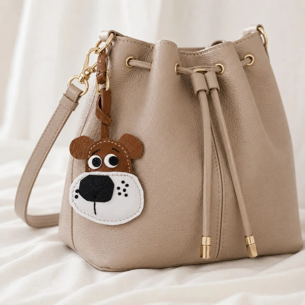 Dije y llavero de cuero hecho a mano con forma de cachorro para bolso – Precioso colgante artesanal con cara de perro | Accesorio de cuero para bolso | Regalo para ella