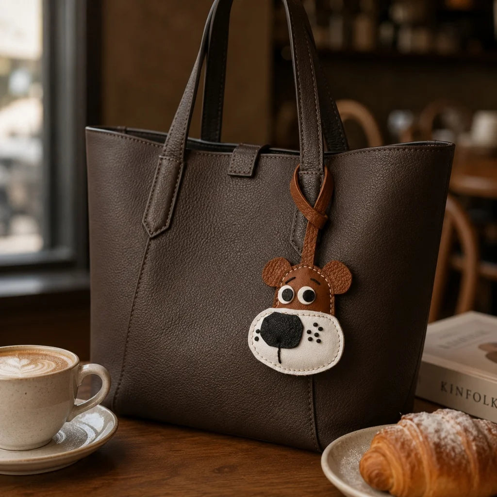 Dije y llavero de cuero hecho a mano con forma de cachorro para bolso – Precioso colgante artesanal con cara de perro | Accesorio de cuero para bolso | Regalo para ella