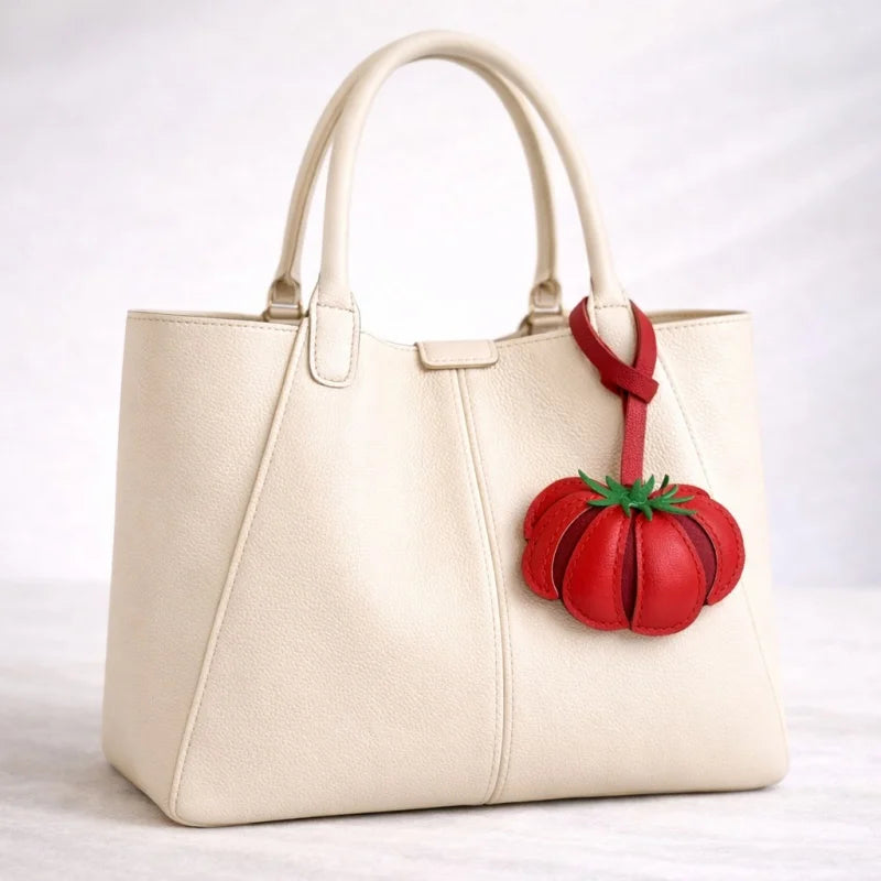 Handcrafted Tomato Leather Bag Charm – Soft Sheepskin 3D Fruit Pendant | Playful Red Statement Accessory | Chic Everyday Gift for Her